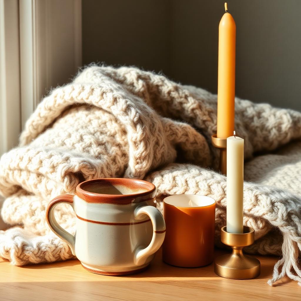 A stoneware mug beside a folded knit throw and a taper candle in warm afternoon light
