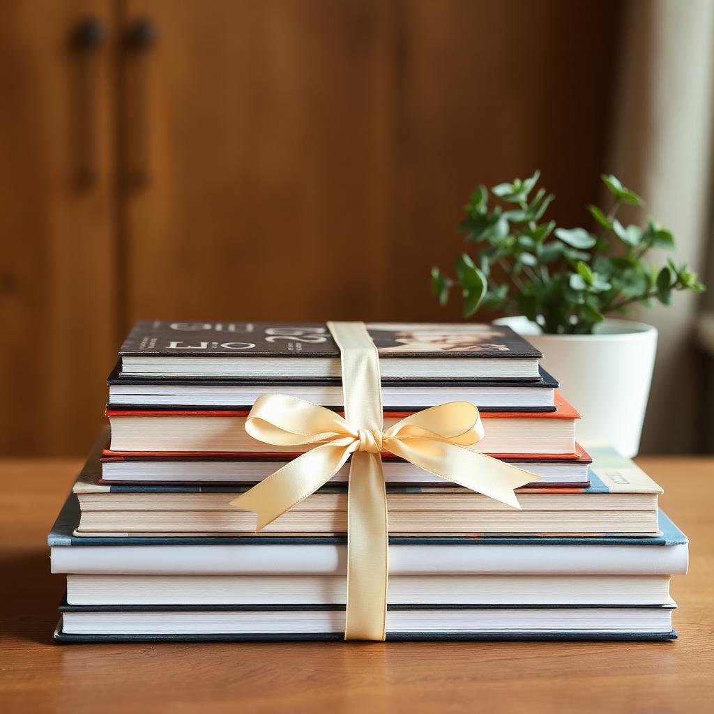 A stack of hardcover books tied with a cream ribbon beside a small potted plant
